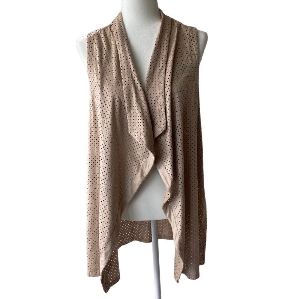 Lysse Open Front Vest Faux Suede Brown Tan Perforated Tunic SZ S